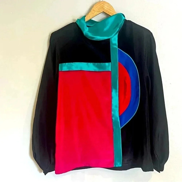Vintage Tops - STUNNING VTG Art Deco Layered Geometric Colorblock Satin Secretary Blouse 8